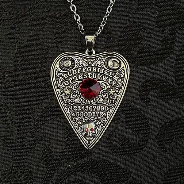 Dark Ruby Red/Garnet Planchette Spirit Board Ouija Medium Seance Skull Sun Moon Heart Gothic Antiqued Silver Necklace Choker Pendant Goth