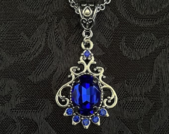 Dark Sapphire Blue Romantic Gothic Victorian Goth Vampire Engagement Antiqued Silver Edwardian Filigree Flapper Necklace Choker Pendant