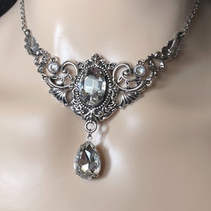 Crystal Clear Crystals Gothic Antique Silver Filigree Victorian Wedding Bridal Necklace Choker Pendant Elven Elvish Elf Medieval Renaissance