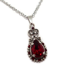 Dark Ruby Red/Garnet Filigree Flapper 1920's Style Antique Silver Victorian Necklace Choker Pendant Edwardian Bridal Bridesmaid Wedding