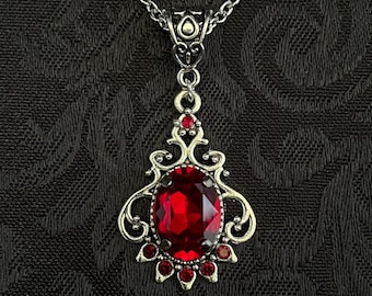 Dark Ruby Red/Garnet Romantic Gothic Victorian Goth Vampire Engagement Antiqued Silver Edwardian Filigree Flapper Necklace Choker Pendant