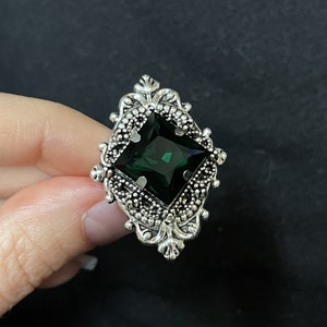 Dark Emerald Green Gothic Victorian Filigree Flapper 1920's Style Wedding Edwardian Antique Silver Goth Statement Cocktail Ring