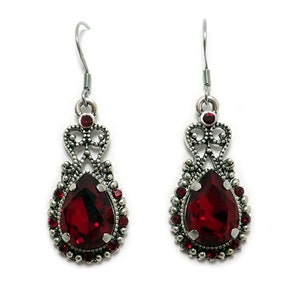 Dark Ruby Red/Garnet Filigree Flapper 1920's Style Antique Silver Earrings Gothic Edwardian Victorian Anniversary Bridal Wedding Bridesmaid