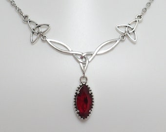 Dark Ruby Red/Garnet Trinity Triquetra Knots Silver Necklace Choker Elven Elf Elvish Celtic Goddess Bridal Bride Wedding
