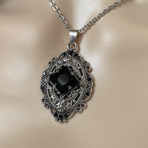 Jet Black Onyx Filigree Flapper 1920's Style Antique Silver Victorian Necklace Choker Pendant Gothic Edwardian Bridal Bridesmaid Wedding