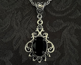Jet Black Onyx Romantic Gothic Victorian Goth Vampire Engagement Antiqued Silver Edwardian Filigree Flapper Necklace Choker Pendant