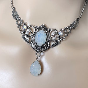 White Opal Crystal Gothic Antique Silver Filigree Victorian Wedding Bridal Necklace Choker Pendant Elven Elvish Elf Medieval Renaissance