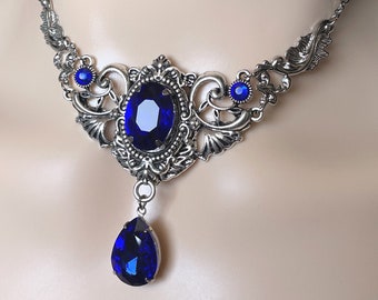 Dark Sapphire Blue Gothic Antique Silver Filigree Victorian Wedding Bridal Necklace Choker Pendant Elven Elvish Elf Medieval Renaissance