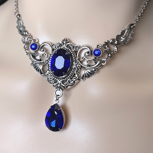 Dark Sapphire Blue Gothic Antique Silver Filigree Victorian Wedding Bridal Necklace Choker Pendant Elven Elvish Elf Medieval Renaissance