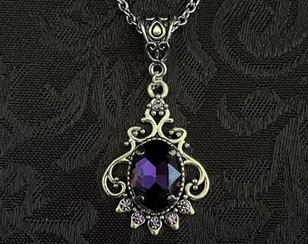 Dark Amethyst Purple Violet Romantic Gothic Victorian Goth Vampire Engagement Antiqued Silver Edwardian Filigree Necklace Choker Pendant