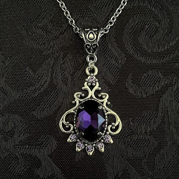 Gargantilla con colgante de filigrana eduardiana de plata antigua, estilo gótico victoriano, gótico, vampiro, romántico, amatista oscura, morado y violeta.