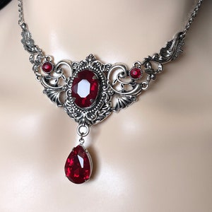 Dark Ruby Red Garnet Gothic Antique Silver Filigree Victorian Wedding Bridal Necklace Choker Pendant Elven Elvish Elf Medieval Renaissance
