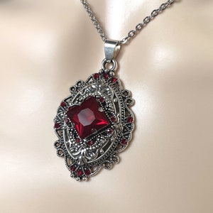 Dark Ruby Red/Garnet Filigree Flapper 1920 Style Antique Silver Victorian Necklace Choker Pendant Gothic Edwardian Bridal Bridesmaid Wedding image 1