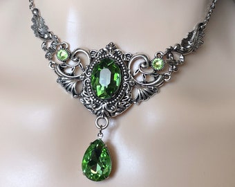 Light Peridot Green Gothic Antique Silver Filigree Victorian Wedding Bridal Necklace Choker Pendant Elven Elvish Elf Medieval Renaissance