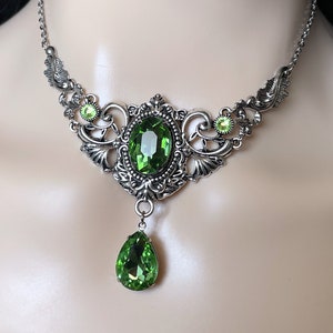 Light Peridot Green Gothic Antique Silver Filigree Victorian Wedding Bridal Necklace Choker Pendant Elven Elvish Elf Medieval Renaissance