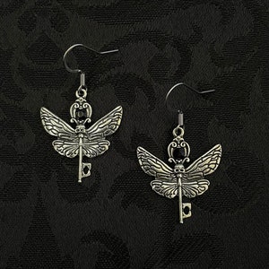 Jet Black Onyx Death&#39;s Head Hawkmoth Skeleton Key Skull Butterfly Moth Earrings Gothic Vampire Victorian Wedding Goth Antiqued Silver