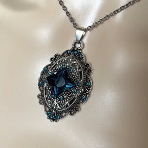 Dark Aqua/Teal Filigree Flapper 1920's Style Antique Silver Victorian Necklace Choker Pendant Gothic Edwardian Bridal Bridesmaid Wedding