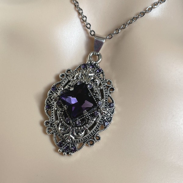 Dark Amethyst Violet Purple Filigree Flapper 1920's Style Antique Goth Victorian Necklace Choker Pendant Edwardian Bridal Bridesmaid Wedding