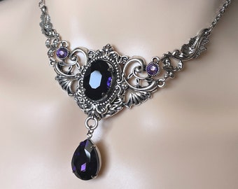 Dark Amethyst Purple Gothic Antique Silver Filigree Victorian Wedding Bridal Necklace Choker Pendant Elven Elvish Elf Medieval Renaissance