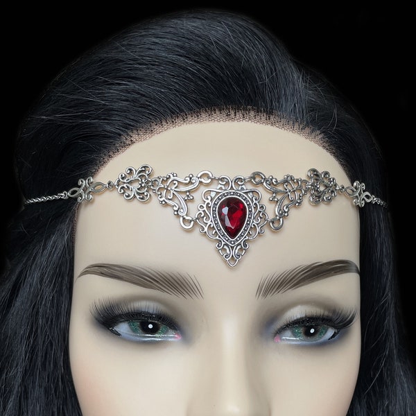 Dark Ruby Red/Garnet Gothic Victorian Goth Celtic Filigree Scroll Headpiece Headdress Circlet Crown Tiara Headband Bridal Wedding