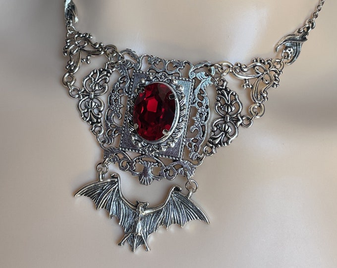 Dark Ruby Red/Garnet Filigree Antique Silver Vampire Winged Bat Queen Vampyre Undead Goth Gothic Victorian Necklace Choker Pendant