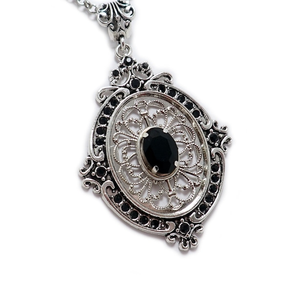 Jet Black Onyx Art Nouveau Gothic Victorian Filigree Goth Steampunk Silver Necklace Choker Pendant Edwardian Bridal Bridesmaid Wedding