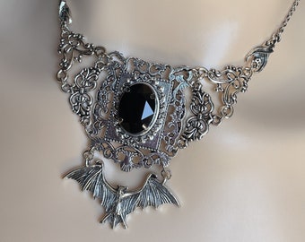 Black Onyx Filigree Antique Silver Vampire Winged Bat Queen Vampyre Undead Goth Gothic Victorian Necklace Choker Pendant