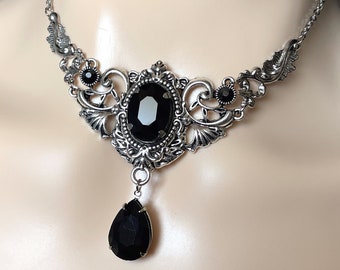 Jet Black Onyx Gothic Antique Silver Filigree Goth Victorian Wedding Bridal Necklace Choker Pendant Elven Elvish Elf Medieval Renaissance