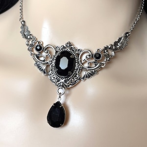 Jet Black Onyx Gothic Antique Silver Filigree Goth Victorian Wedding Bridal Necklace Choker Pendant Elven Elvish Elf Medieval Renaissance