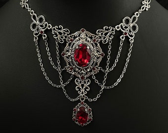 Dark Ruby Red/Garnet Gothic Antique Silver Filigree Victorian Wedding Bridal Necklace Choker Pendant Goth Vampire Queen Medieval Renaissance