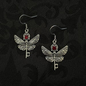 Dark Ruby Red Garnet Death&#39;s Head Hawkmoth Skeleton Key Skull Butterfly Moth Earrings Gothic Vampire Victorian Wedding Goth Antiqued Silver