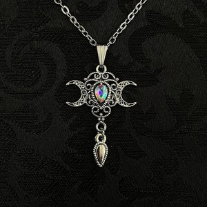 Crystal AB/Iridescent Triple Crescent Moon Goddess Priestess Celtic Elven Elvish Elf Antiqued Silver Filigree Necklace Choker Pendant