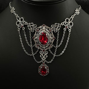 Dark Ruby Red/Garnet Gothic Antique Silver Filigree Victorian Wedding Bridal Necklace Choker Pendant Goth Vampire Queen Medieval Renaissance