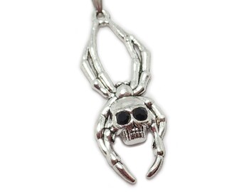 Jet Black Onyx Crystals Gothic Antiqued Silver Necklace Pendant Goth Spider Skull Arachnid