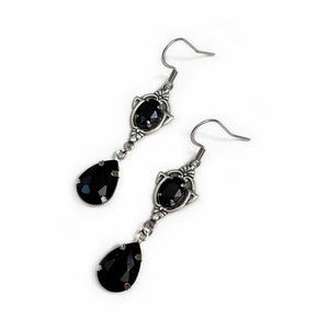 Jet Black Onyx Crystals Gothic Antique Silver Filigree Victorian Wedding Bridal Earrings Elf Elven Elvish Medieval Steampunk Renaissance