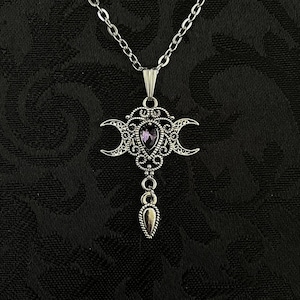 Dark Amethyst Pruple Triple Crescent Moon Goddess Priestess Celtic Elven Elvish Elf Antiqued Silver Filigree Necklace Choker Pendant