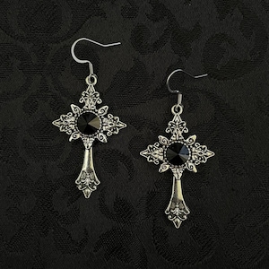 Jet black Onyx Filigree Cross Crucifix Earrings Gothic Vampire Victorian Wedding Bridal Goth Antiqued Silver