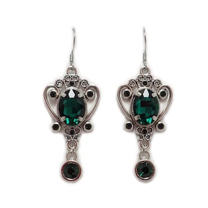 Emerald Green Filigree Antique Silver Earrings Gothic Edwardian Flapper 1920&#39;s Vintage Victorian Anniversary Bridal Wedding Bridesmaid
