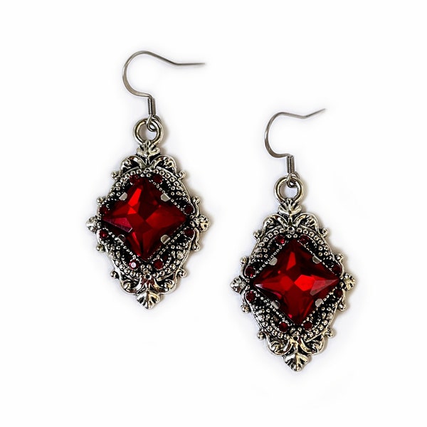 Dark Ruby Red/Garnet Filigree Flapper 1920's Style Antique Silver Earrings Gothic Edwardian Victorian Anniversary Bridal Wedding Bridesmaid