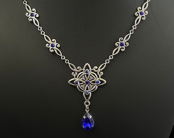 Dark Sapphire Blue Trinity Triquetra Irish Celtic Knot Gaelic Antiqued Silver Necklace Choker Pendant Wedding Bridal Medieval Renaissance
