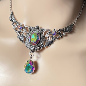 Crystal AB Crystals Gothic Antique Silver Filigree Victorian Wedding Bridal Necklace Choker Pendant Elven Elvish Elf Medieval Renaissance