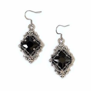 Jet Black Onyx Filigree Flapper 1920's Style Antique Silver Earrings Gothic Goth Edwardian Victorian Anniversary Bridal Wedding Bridesmaid