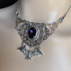 Dark Amethyst Purple Filigree Antique Silver Vampire Winged Bat Queen Vampyre Undead Goth Gothic Victorian Necklace Choker Pendant