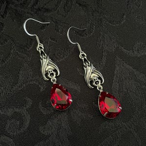 Dark Ruby Red/Garnet Crystals Dangle/Drop Earrings Vampire Queen Hanging Bat Gothic Victorian Bridal Wedding Goth Bats Antiqued Silver