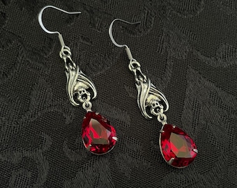 Dark Ruby Red/Garnet Crystals Dangle/Drop Earrings Vampire Queen Hanging Bat Gothic Victorian Bridal Wedding Goth Bats Antiqued Silver