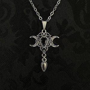 Jet Black Onyx Triple Crescent Moon Goddess Priestess Celtic Elven Elvish Elf Antiqued Silver Filigree Necklace Choker Pendant