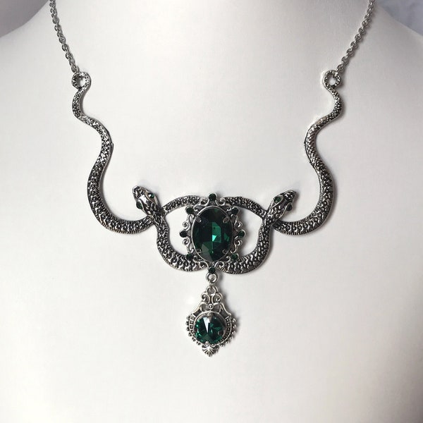 Emerald Green Serpentine Medusa Snake Greek Mythology Gothic Serpent Gorgon Victorian Slytherin Wedding Antique Silver Goth Necklace Choker