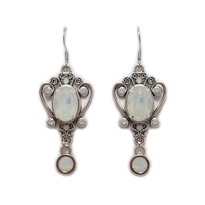 White Opal Filigree Antique Silver Earrings Gothic Edwardian Flapper 1920&#39;s Vintage Victorian Anniversary Bridal Wedding Bridesmaid
