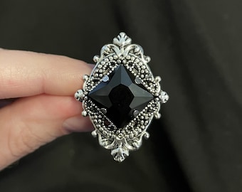Jet Black Onyx Gothic Victorian Filigree Flapper 1920's Style Wedding Edwardian Antique Silver Goth Statement Cocktail Ring