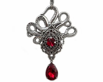 Dark Ruby Red/Garnet Lovecraftian Tentacle Antique Silver Octopus Kraken Monster Goth Victorian Cthulhu Necklace Black Ribbon Choker Pendant